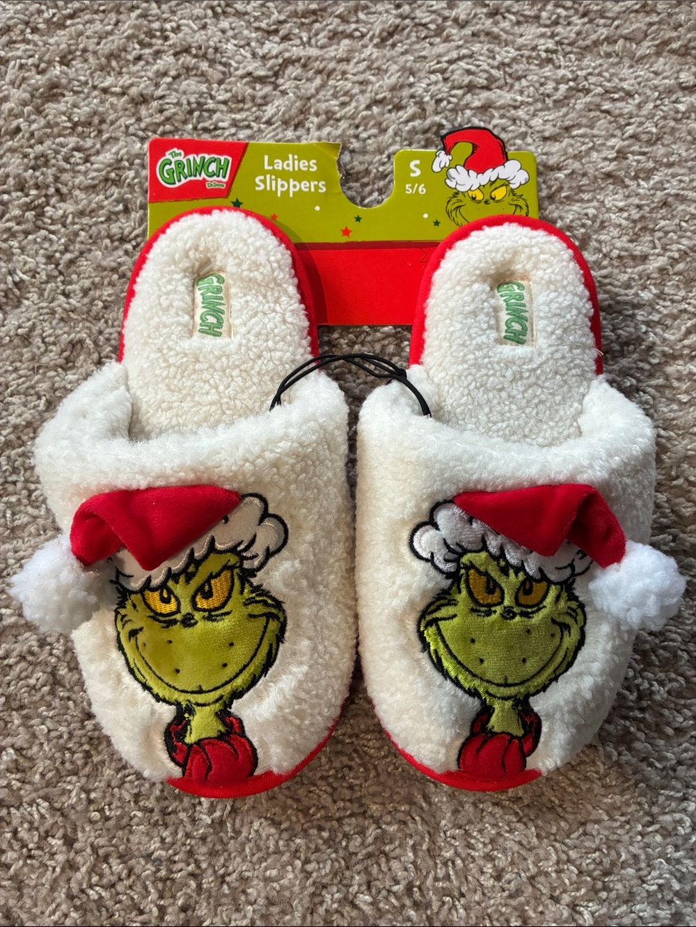 The Grinch Ladies Plush Holiday Slippers — White & Red